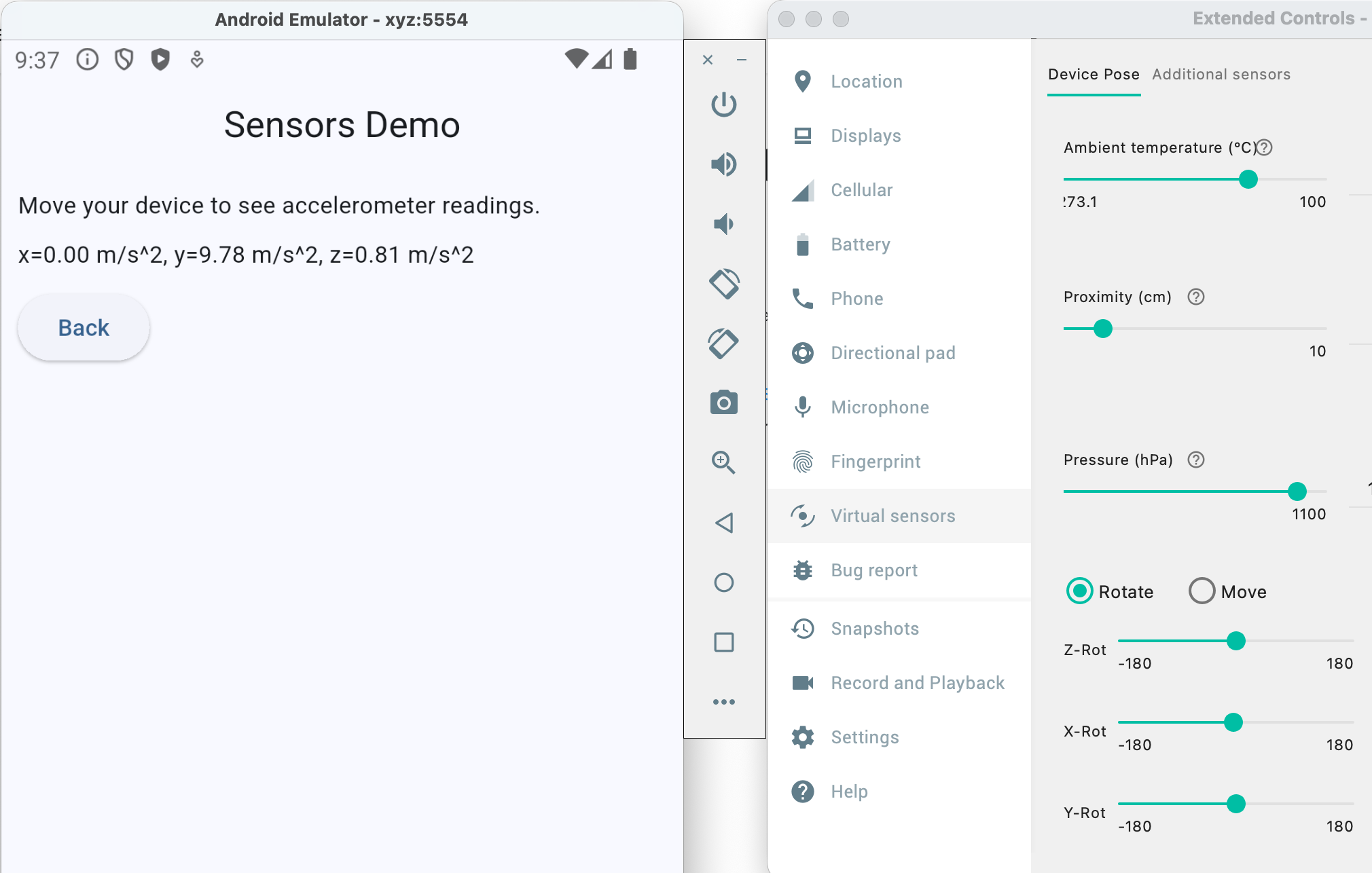 Flet sensors testing in Android emulator